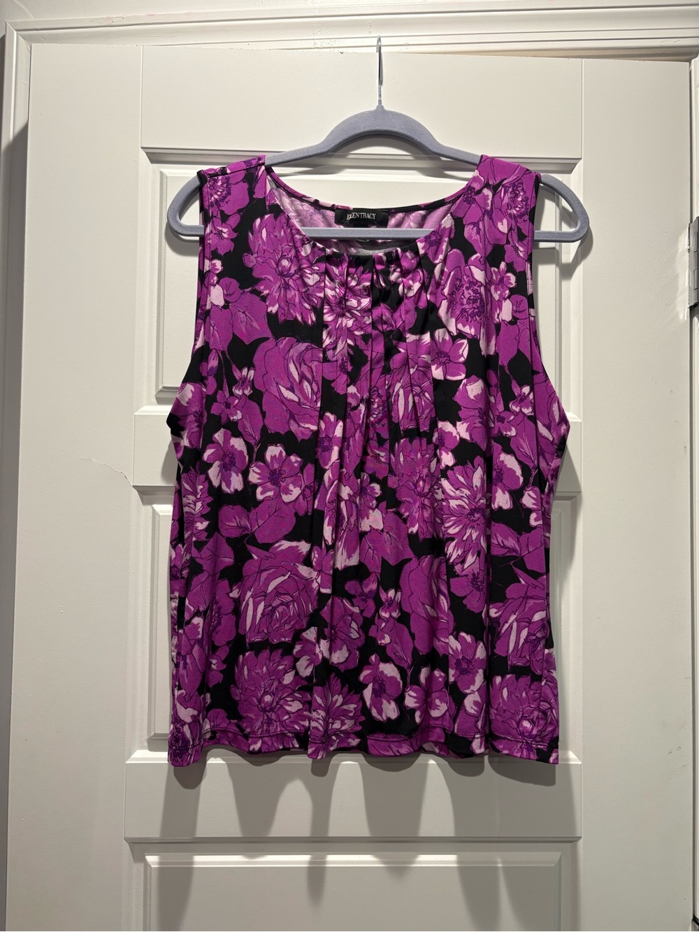 Ellen Tracy XL Purple Floral Sleeveless Blouse Black Pink Stretch Top
